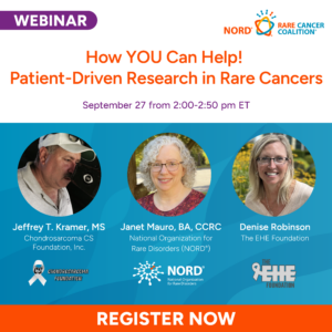 Webinar graphic featuring three speaker headshots and the title, How YOU Can Help Patient-Driven Research in Rare Cancers