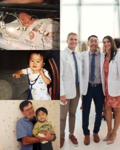 Photo collage of Curtis as a baby in the hospital and as an adult in a medical uniform with colleagues.